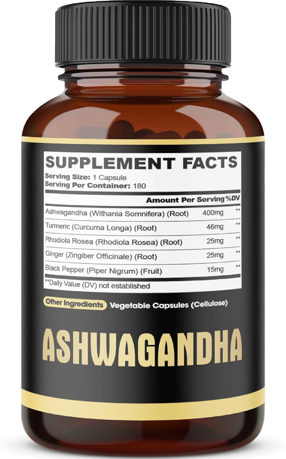 5in1 Premium Ashwagandha Capsules - Added Turmeric, Rhodiola Rosea, Ginger, Black Pepper (180ct)