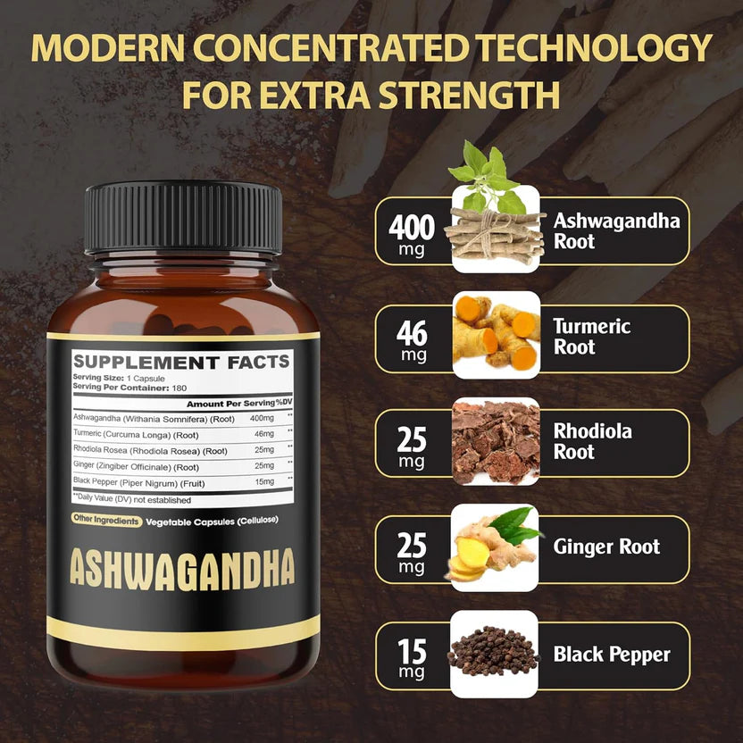 5in1 Premium Ashwagandha Capsules - Added Turmeric, Rhodiola Rosea, Ginger, Black Pepper (180ct)