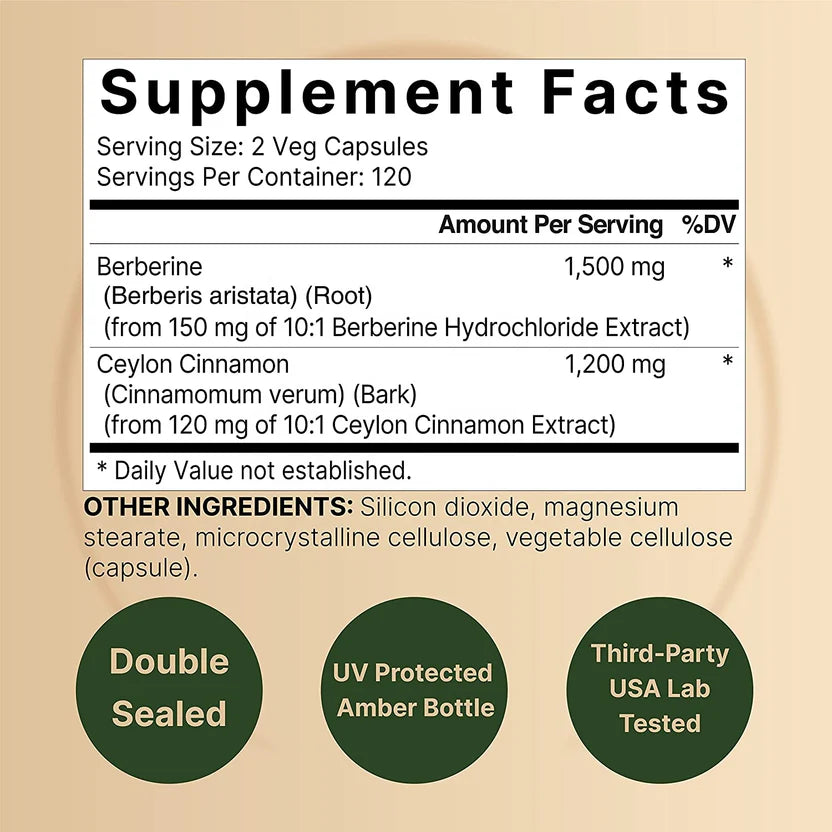 Berberine Supplement 1,500mg with Ceylon Cinnamon & Turmeric Root, 240 Veggie Capsules