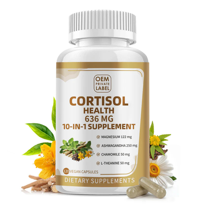 10-in-1 Cortisol Supplements with Magnesium, Ashwagandha, Chamomile, L-Theanine, Phosphatidylserine, St. John's Wort, Astragalus, Vitamin C & D3 (120ct)