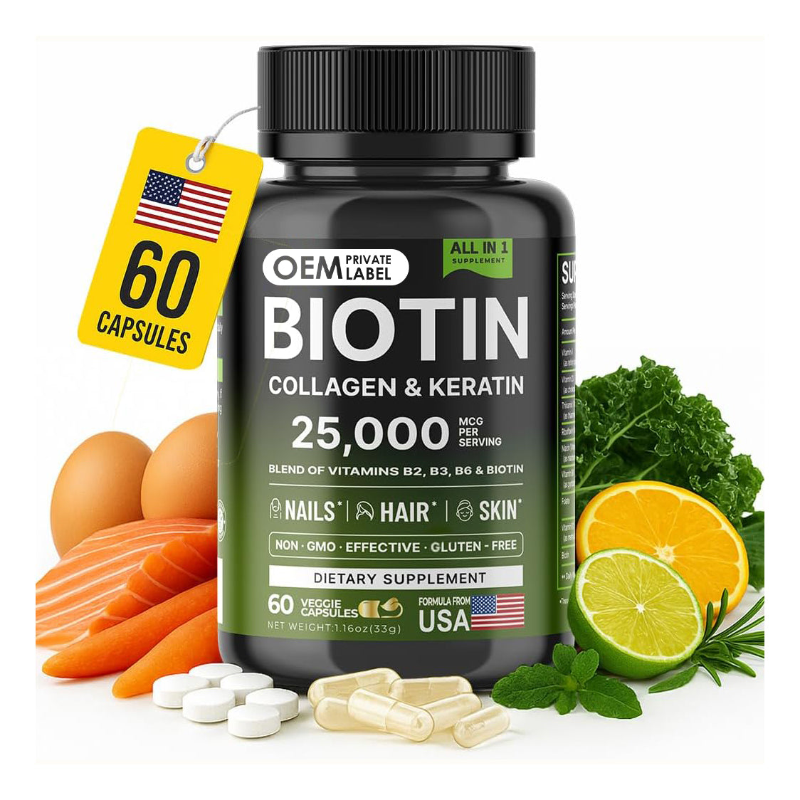 Biotin | Collagen | Hyaluronic Acid | Keratin - Hair Growth Support, Skin & Nails - 25000mcg (60ct) Capsules
