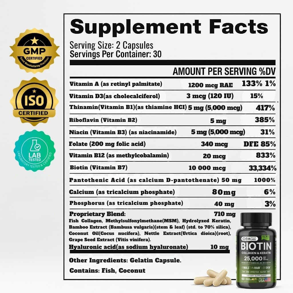 Biotin | Collagen | Hyaluronic Acid | Keratin - Hair Growth Support, Skin & Nails - 25000mcg (60ct) Capsules